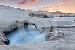 Scenery at sunset with volcanic rocks, Sarakiniko, Milos island, Greece.