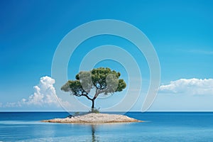 The scenery of a tiny island with a big tree on the island and blue sea, blue sky, white cloud.