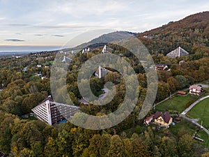 Scenery of the town and health resort in Ustron on the hills of the Silesian Beskids, Poland. Aerial drone view of beskid