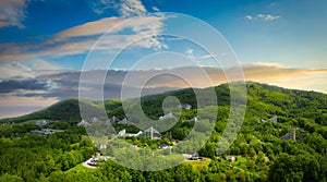 Scenery of the town and health resort in Ustron on the hills of the Silesian Beskids at sunrise. Poland