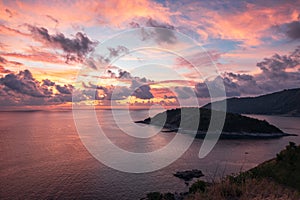 Scenery of tropical sea with colorful sky on Laem Promthep Cape, Phuket at the sunset