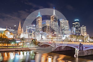 The scenery view of Melbourne cityscape in the night time, Australia. photo