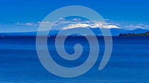 The scenery view of Tongariro national park view from lake Taupo the largest fresh water lake in New Zealand