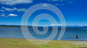 The scenery view of Tongariro national park view from lake Taupo the largest fresh water lake in New Zealand