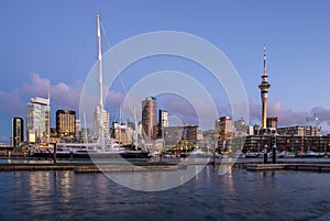 Scenery view of Viaduct Harbour in the central of Auckland, New Zealand at sunset.