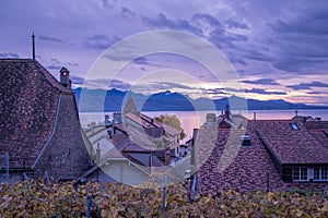 Scenery view of vineyards over Leman lake (Geneva Lake) with sky and clouds. Famous Lavaux region, Vaud Canton