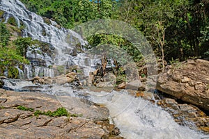 Scenery view of waterfall in the lush green forest