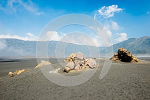 The scenery view of Whispering Sand in ancient caldera in Bromo Tengger Semeru national park, East Java, Indonesia.