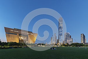 Scenery of West Kowloon Cultural District of Hong Kong city at dusk