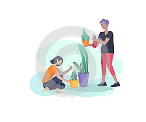Scenes with family doing housework, couple home cleaning, washing greens, cleaning home garden, water flower. Vector