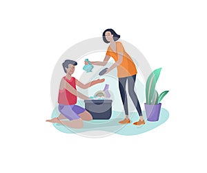 Scenes with family doing housework, couple man and woman home cleaning, washing dishes, wipe dust. Vector illustration