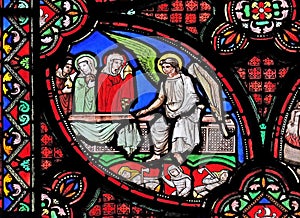 Scenes from the life of Jesus, stained glass window from Saint Germain l`Auxerrois church in Paris