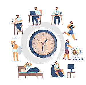 Scenes of man daily routine chores around clock, flat vector illustration isolated.