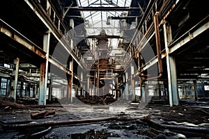 Scenes of neglect in an abandoned industrial facility, where broken pipes contribute to the overall decay