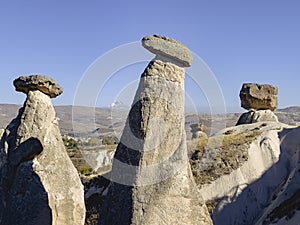 Cappadocia fairy chimneys and view of Erciyes Mountain in Kayseri