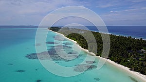 Scenic Aerial Drone Fly Over Shot Above Maldives Tropical Island, Palm trees, Heaven and calm scene. Lifestyle. Holiday