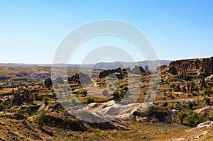 Scenic aerial landscape view of geologic formations of Cappadocia. Amazing shaped sandstone rocks