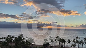 Scenic aerial panoramic Kaanapali Beach vista at sunset, Maui