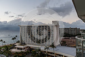 Scenic aerial panoramic Kaanapali Beach vista at sunset, Maui