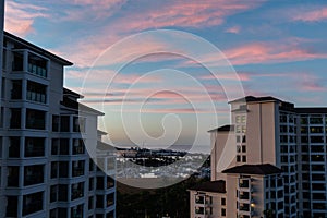 Scenic aerial panoramic marina vista at dawn on Oahu, Hawaii photo