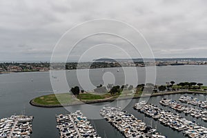 Scenic aerial panoramic San Diego marina view on a heavily overcast day, California