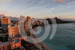 Scenic aerial panoramic Waikiki Beach vista at sunset, Honolulu, Hawaii