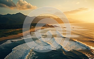 Scenic Aerial Shot of Seashore and Hills\