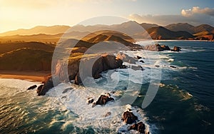 Scenic Aerial Shot of Seashore and Hills\