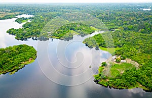 Scenic aerial sunset view of rainforest river in Amazonas Brazil