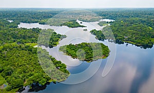 Scenic aerial sunset view of rainforest river in Amazonas Brazil