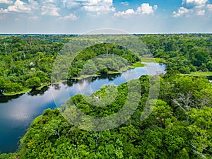 Scenic aerial sunset view of rainforest river in Amazonas Brazil