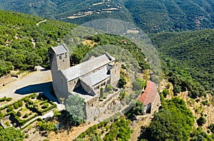 Aerial view of ancient Serrabone Priory in summer, France