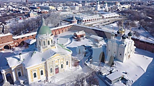 Scenic aerial view of architectural complex of medieval fortified Zaraysk Kremlin on sunny winter day, Russia