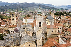 Scenic aerial view of Bergamo city. Flying over Citta Alta, town\'s upper district