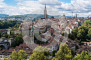 Scenic aerial view of Bern's old town seen from Rose Garden viewpoint, Switzerland.