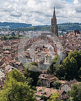 Scenic aerial view of Bern's old town seen from Rose Garden viewpoint, Switzerland.