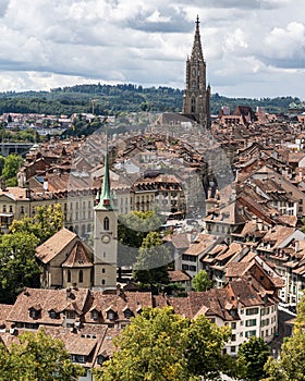 Scenic aerial view of Bern's old town seen from Rose Garden viewpoint, Switzerland.