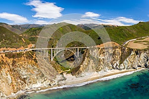 Scenic aerial view of Bixby Creek Bridge along California's Iconic Highway 1 Road