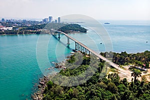 Scenic Aerial View of Bridge over Sea. bridge TECHO MORAKAT to Snake island KOH PUOS. Sihanoukville. Cambodia. Top view aerial photo