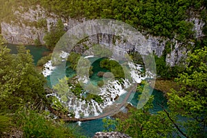 Scenic aerial view of cascades and pathway