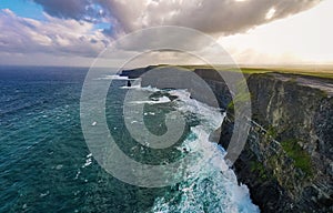 Scenic aerial view of Cliffs of Moher at sunrise