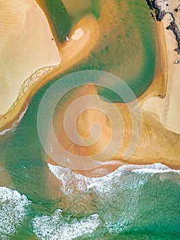 Scenic aerial view of the Currimundi lake in bright sunlight in Sunshine Coast, Queensland