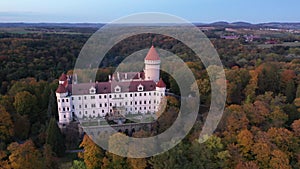 Scenic aerial view of impressive medieval Konopiste castle in autumn morning, Benesov, Czech Republic