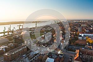 Scenic aerial view of Klaipeda city port area and it`s surroundings on chilly autumn day. The Old town of Klaipeda, Lithuania in