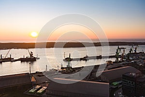 Scenic aerial view of Klaipeda city port area and it`s surroundings on chilly autumn day. The Old town of Klaipeda, Lithuania in