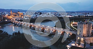 Scenic aerial view of lighted Roman bridge across Guadalquivir river and Mezquita-Catedral on background with Cordoba