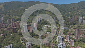 Scenic aerial view of the Medellin downtown with mountains in the background, Colombia