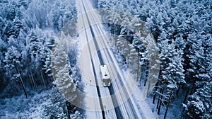 Scenic aerial view of motorhome driving on snowy road through winter coniferous forest