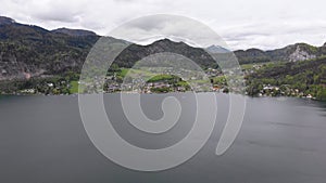 Scenic Aerial view of Mountain Lake, Wolfgangsee, Salzburg, Austria, Alps