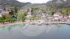 Scenic Aerial view of Mountain Village and Lake, Wolfgangsee, Salzburg, Austria, Alps